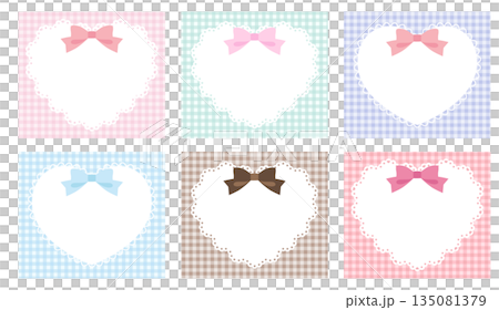 リボンがついたかわいいハートのレースフレームのベクターイラストセット。ギンガムチェック リボンがついたかわいいハートのレースフレームのベクターイラストセット。ギンガムチェック 135081379