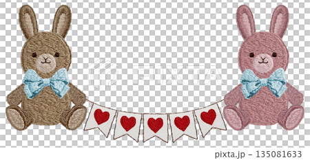 [Rabbit plush toy and heart garland] Hand-embroidered illustration material 135081633
