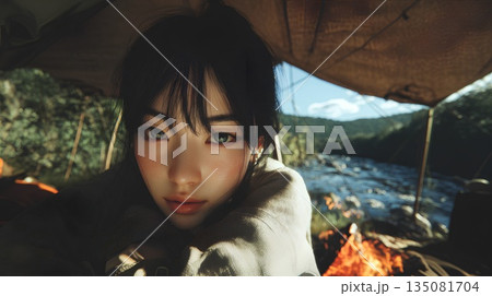 キャンプ場で焚き火を楽しむ女性 135081704