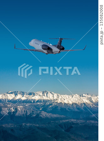 Modern private airplane is taking off in a resort mountain town Modern private airplane is taking off in a resort mountain town 135082008