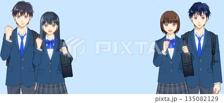 リュックとスクールバッグを持つ高校生または中学生の男女のアニメ風イラスト リュックとスクールバッグを持つ高校生または中学生の男女のアニメ風イラスト 135082129