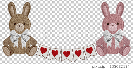 [Rabbit plush toy and heart garland] Hand-embroidered illustration material 135082154