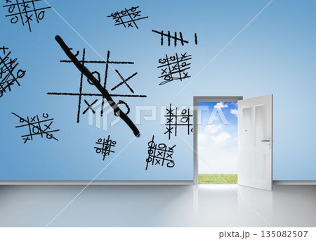 Brainstorm on blue wall with open door 135082507