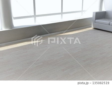 Grey two-seater couch is resting under large multi-pane window over wood flooring in flat design 135082519