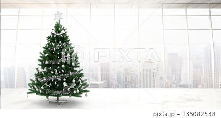 Flat design Christmas tree is standing on tiles with silver star topper, baubles and city skyline 135082538
