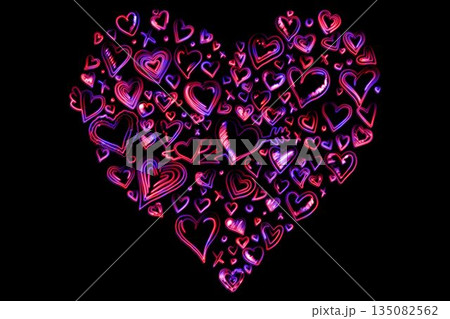 Dozens of neon hearts are forming giant glowing heart on black backdrop in digital illustration 135082562
