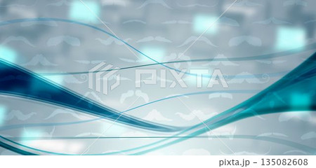 Teal blue wave ribbons are flowing across flat design backdrop showing mustache shapes and squares 135082608