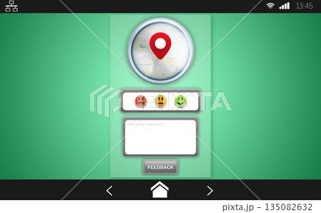 Flat-design feedback UI is showing map pin, feedback controls and UI icons on green gradient screen 135082632