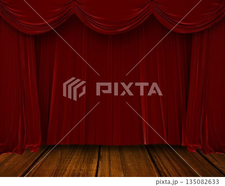 Flat design is showing red velvet curtain hanging across stage on wooden floor planks 135082633