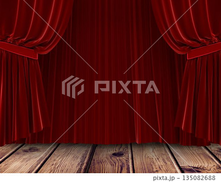 Flat design scene is showing closed red velvet stage curtains with wide tiebacks over wooden floor 135082688