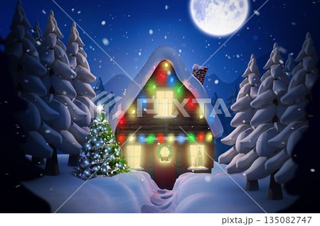 Cozy flat design wooden cabin is glowing with lights by holiday tree in snowy moonlight 135082747