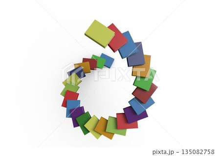 Multicolored 3D square blocks are forming circular ring and floating in white backdrop, copy space 135082758