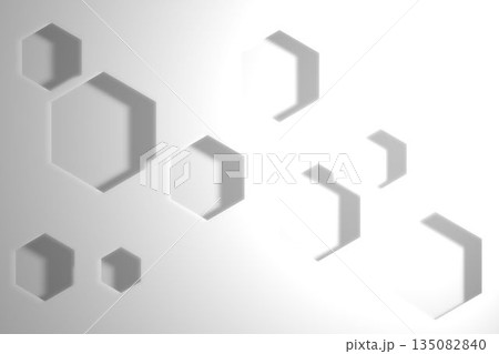 Digital flat design showing 3D hexagonal shapes casting soft shadows on smooth gradient background 135082840