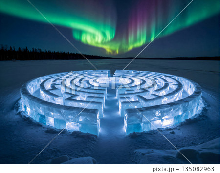 神秘的な世界のオーロラと迷路 135082963