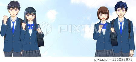広がる青空、高校生または中学生の男女のアニメ風イラスト 135082973