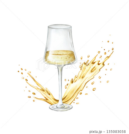 Glass of sparkling wine with splash of liquid. Golden yellow dynamic movement splash of bubbly. Hand drawn watercolor shiny stain festive illustration isolated from background. For birthday, xmas Glass of sparkling wine with splash of liquid. Golden yellow dynamic movement splash of bubbly. Hand drawn watercolor shiny stain festive illustration isolated from background. For birthday, xmas 135083038