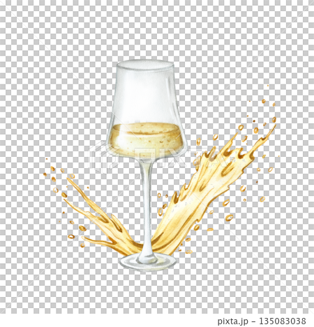 Glass of sparkling wine with splash of liquid. Golden yellow dynamic movement splash of bubbly. Hand drawn watercolor shiny stain festive illustration isolated from background. For birthday, xmas Glass of sparkling wine with splash of liquid. Golden yellow dynamic movement splash of bubbly. Hand drawn watercolor shiny stain festive illustration isolated from background. For birthday, xmas 135083038