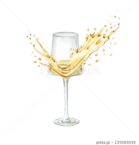 Glass of sparkling wine with splash of liquid. Golden yellow dynamic movement splash of bubbly. Hand drawn watercolor shiny stain festive illustration isolated from background. For birthday, xmas Glass of sparkling wine with splash of liquid. Golden yellow dynamic movement splash of bubbly. Hand drawn watercolor shiny stain festive illustration isolated from background. For birthday, xmas 135083039