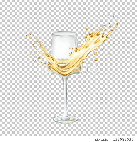 Glass of sparkling wine with splash of liquid. Golden yellow dynamic movement splash of bubbly. Hand drawn watercolor shiny stain festive illustration isolated from background. For birthday, xmas Glass of sparkling wine with splash of liquid. Golden yellow dynamic movement splash of bubbly. Hand drawn watercolor shiny stain festive illustration isolated from background. For birthday, xmas 135083039