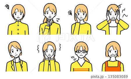 困っている複数の若い女性の表情イラストセット 135083089