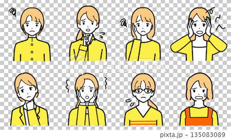 困っている複数の若い女性の表情イラストセット 135083089