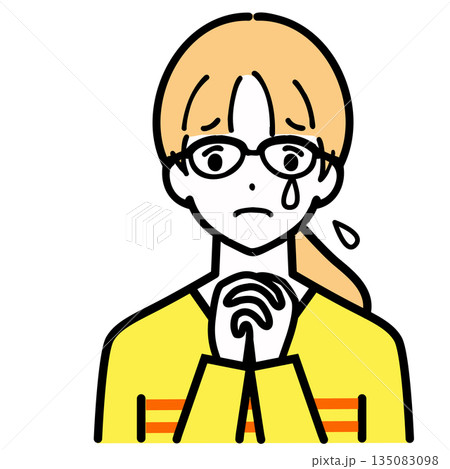 悲しくて涙を流す眼鏡をかけた若い女性のイラスト 135083098