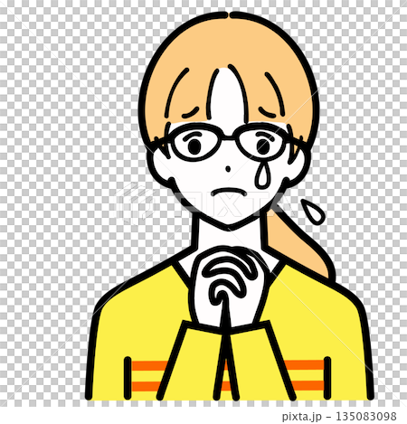 悲しくて涙を流す眼鏡をかけた若い女性のイラスト 135083098