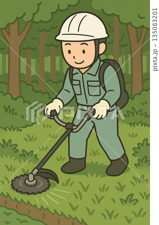 草刈りをする作業員 135083201