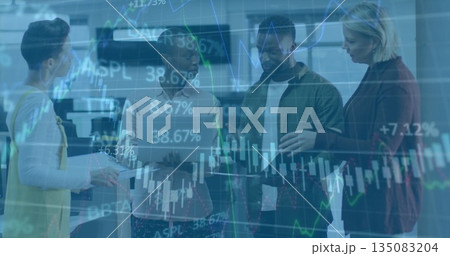 Four professionals in business attire reviewing stock charts on tablet in office, with coffee mug Four professionals in business attire reviewing stock charts on tablet in office, with coffee mug 135083204