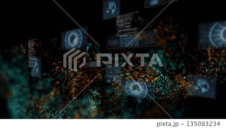 Displaying holographic panel rotating in cyberspace with circular data charts and code snippets 135083234