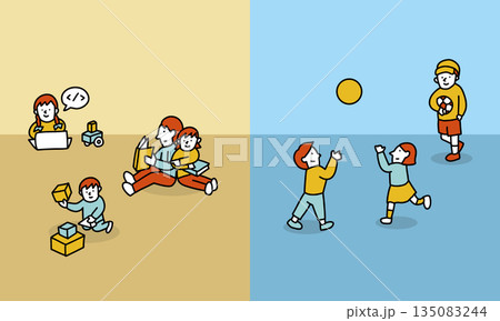インドアとアウトドアの遊び方をする子供のイラスト 135083244