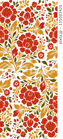 Vector decorative tracery floral pattern. Slavic ornament with red flowers on white background Vector decorative tracery floral pattern. Slavic ornament with red flowers on white background 135083420
