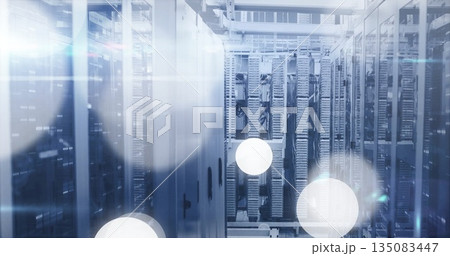 Standing central server cabinets in data center corridor, with blade servers and bundled cabling Standing central server cabinets in data center corridor, with blade servers and bundled cabling 135083447