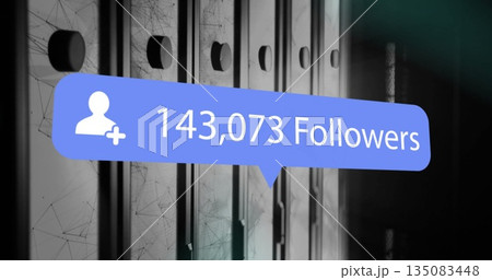 Displaying blue bubble showing 143,073 followers in server rack aisle, with overlay lines 135083448