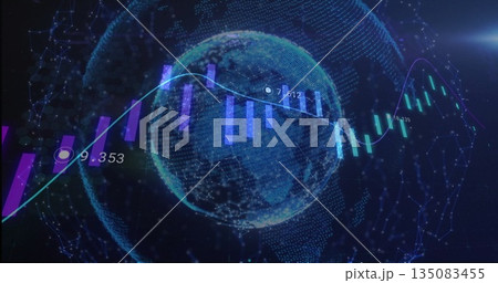 Floating 3D globe displaying neon bar and line graphs in data interface, with numerical labels Floating 3D globe displaying neon bar and line graphs in data interface, with numerical labels 135083455