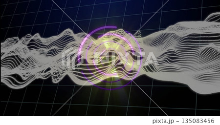 Pulsing white wave floating in virtual 3D grid space, with glowing yellow light and purple rings 135083456