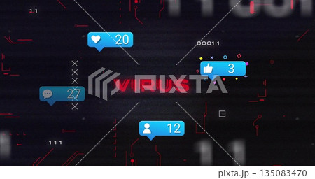 Displaying glitching interface showing red VIRUS text on screen, with blue alerts and binary digits Displaying glitching interface showing red VIRUS text on screen, with blue alerts and binary digits 135083470