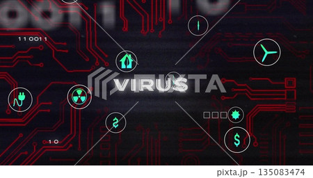Displaying glitching VIRUS text on circuit board, with red traces and plug, hazard and dollar icons 135083474