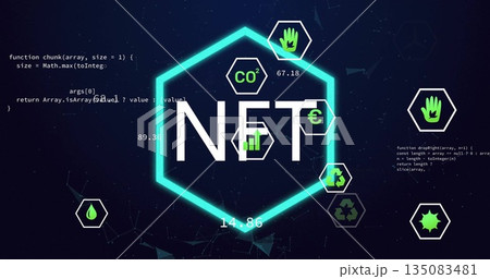 Displaying neon-green hexagon featuring NFT text on virtual interface, with metrics icons and code 135083481