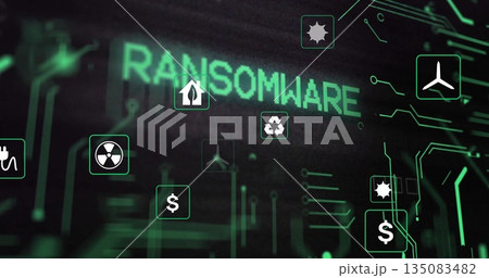 Displaying ransomware text hovering over circuit board, with nuclear hazard and dollar sign icons Displaying ransomware text hovering over circuit board, with nuclear hazard and dollar sign icons 135083482