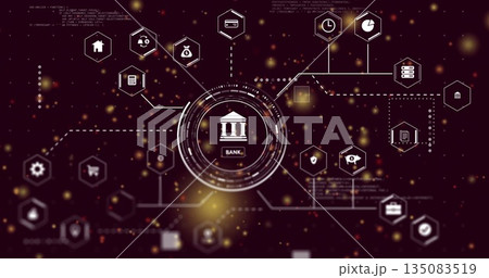 Displaying central bank icon linking finance icons on purple digital canvas, with glowing particles 135083519
