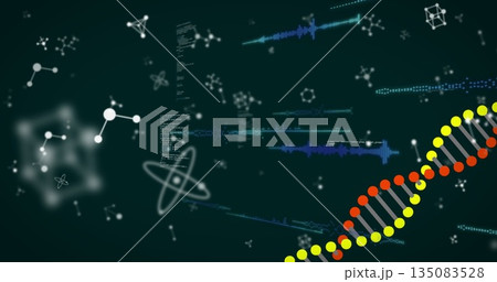 Showing DNA helix looping across digital science interface, with code snippets, copy space Showing DNA helix looping across digital science interface, with code snippets, copy space 135083528