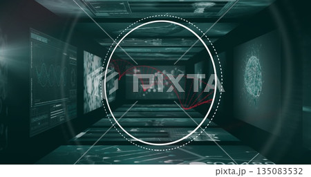 Floating central overlay showing red DNA helix in futuristic data corridor, with holographic charts Floating central overlay showing red DNA helix in futuristic data corridor, with holographic charts 135083532