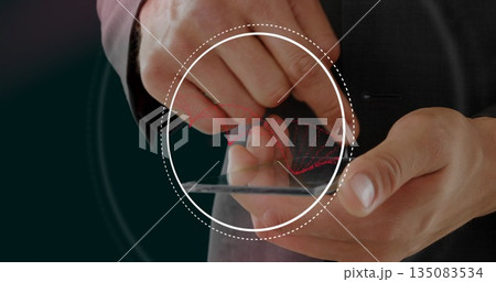 Tapping smartphone screen with suited hands in digital interface overlay, showing red DNA helix 135083534
