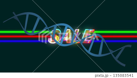 Showcasing blue 3D DNA double helix floating on dark background, with neon stripes and SALE text Showcasing blue 3D DNA double helix floating on dark background, with neon stripes and SALE text 135083541