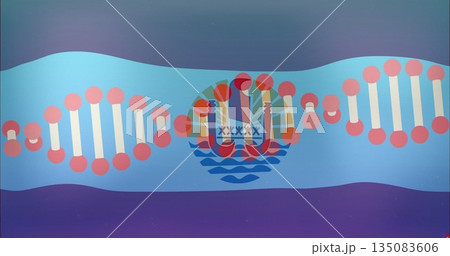 Running DNA helix across ribbon gradient, featuring circular emblem with sun canoe waves paddles 135083606