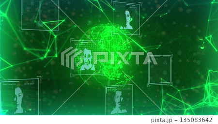 Displaying glowing wireframe Earth globe in cyberspace, with neon-green network lines, data frames 135083642