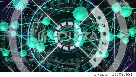 Displaying central circular hub projecting data in virtual cyberspace, with light beams and spheres 135083651