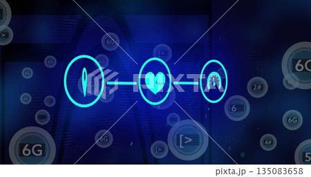 Displaying three linked neon icons glowing on dark blue network interface, with floating 6G circles Displaying three linked neon icons glowing on dark blue network interface, with floating 6G circles 135083658