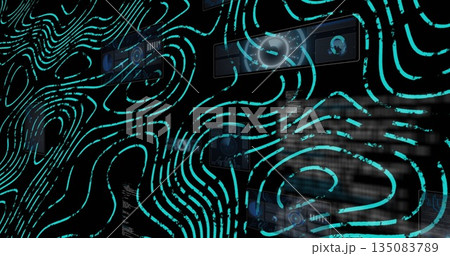 Displaying turquoise contours weaving through dashboard featuring panels, gauges, map, charts, code Displaying turquoise contours weaving through dashboard featuring panels, gauges, map, charts, code 135083789